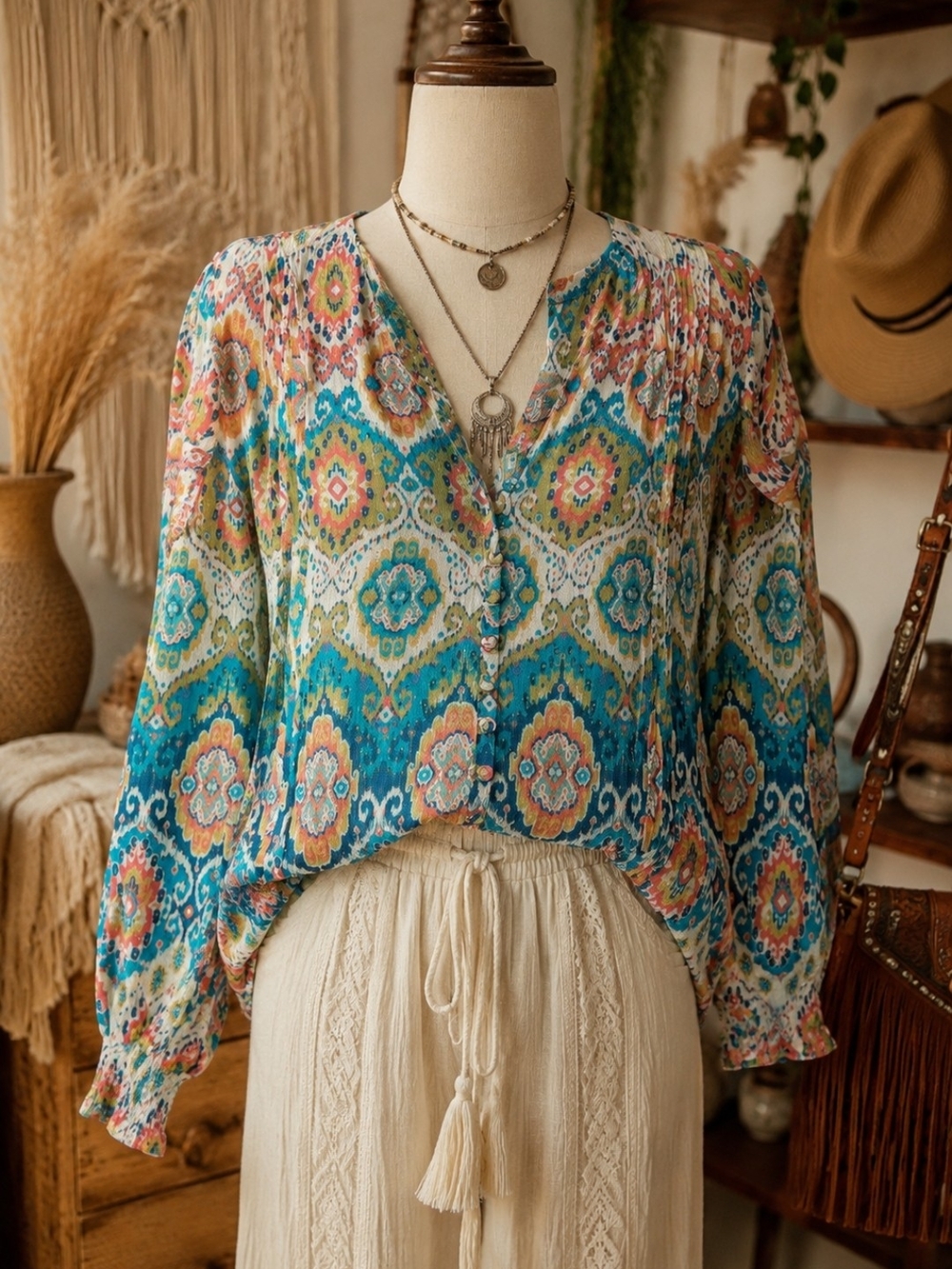 NWT Boho V-Neck Multicolor Medallion Blouse - Teal Mix